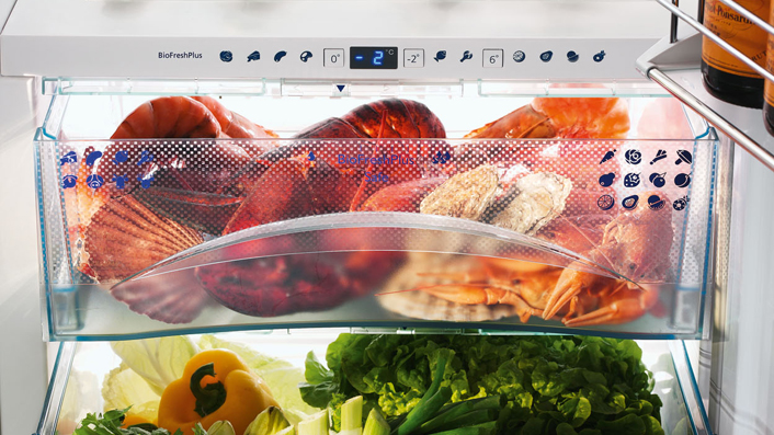 Kühlschrank mit BioFresh Zonen für Gemüse, Fisch und Fleisch; Foto: Liebherr