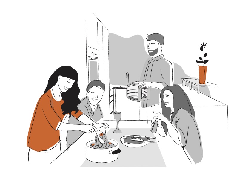 Illustration einer Familie am Kücheentisch beim Essen m Hintergrund die Küche