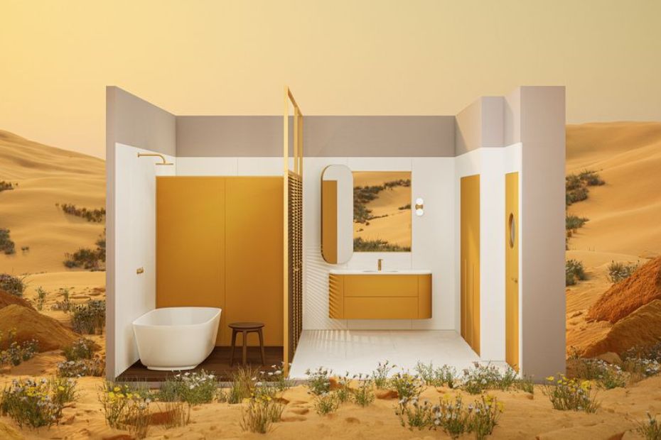 Badezimmer mit Schränken und Waschtisch mit Fronten aus REVISIO noir in Curcuma Gold