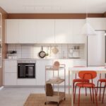 Skandinavische kleine IKEA Küche mit weißen Küchenfronten, Terrakotta-Wandfarbe, offenen Regalen und rotem Essplatz in moderner Wohnung