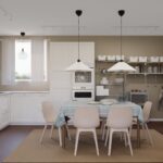 Skandinavische Familienküche von IKEA mit weißen Küchenfronten, großem Esstisch und offenen Metallregalen