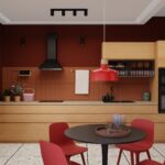 Moderne IKEA Küche mit dunkelroter Wandfarbe, Holzfronten, schwarzer Arbeitsplatte und rotem Essbereich