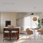 Moderne offene IKEA Wohnküche mit Kochinsel, dunklen Holzfronten, hellen Hochschränken und integriertem Ess- und Wohnbereich
